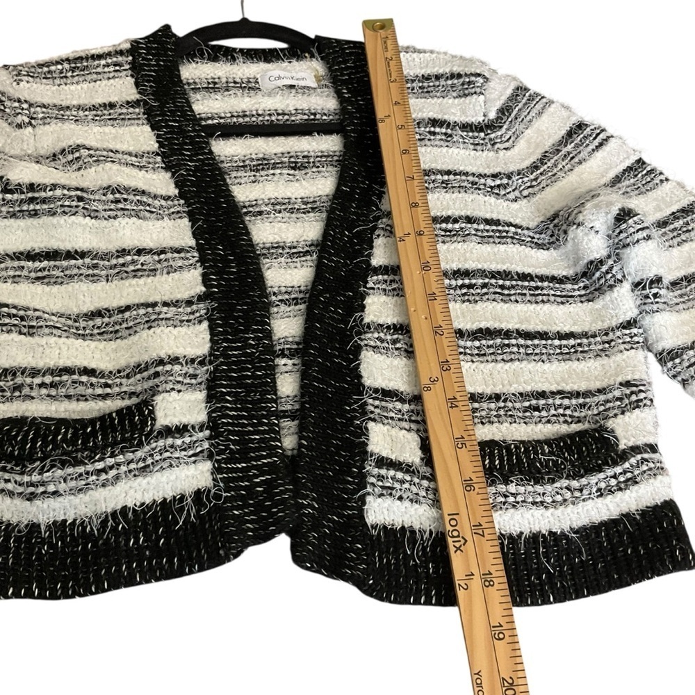 Calvin Klein Black & White Bouclé Striped Open Front Cardigan Sweater – Size S - Picture 6 of 8